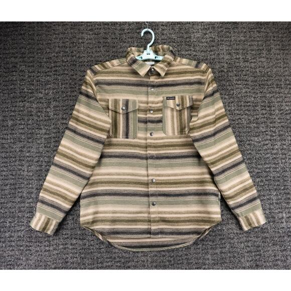 Columbia Shirt Mens Medium Beige Green Striped Heavyweight Flannel Snap Gorpcore - Picture 1 of 11